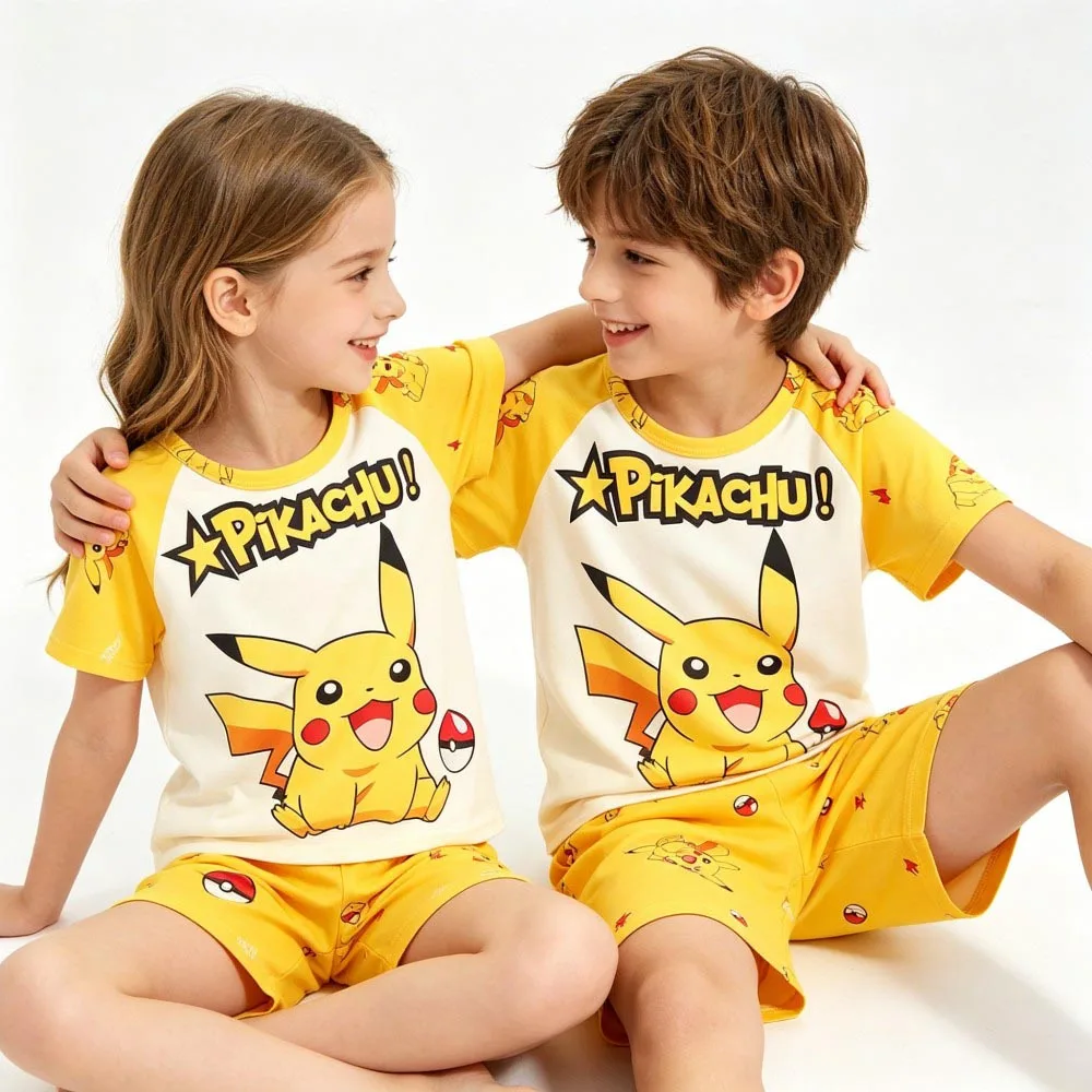 Animal Cartoon Boys Summer Pikachu Pajamas Sets Kids Summer Tops + Shorts Cartoon Sleepwear Pyjamas Toddler Kids Clothes Suits