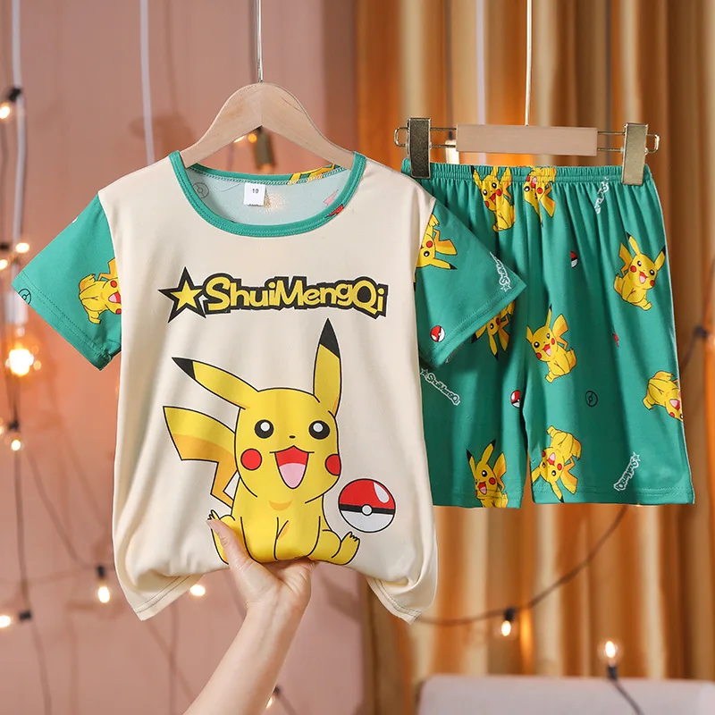 Animal Cartoon Boys Summer Pikachu Pajamas Sets Kids Summer Tops + Shorts Cartoon Sleepwear Pyjamas Toddler Kids Clothes Suits