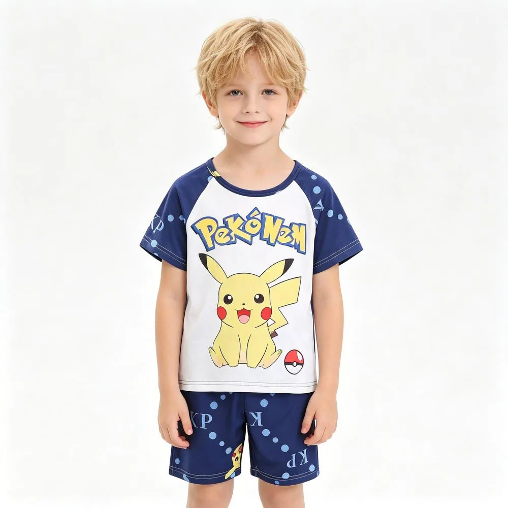 Animal Cartoon Boys Summer Pikachu Pajamas Sets Kids Summer Tops + Shorts Cartoon Sleepwear Pyjamas Toddler Kids Clothes Suits