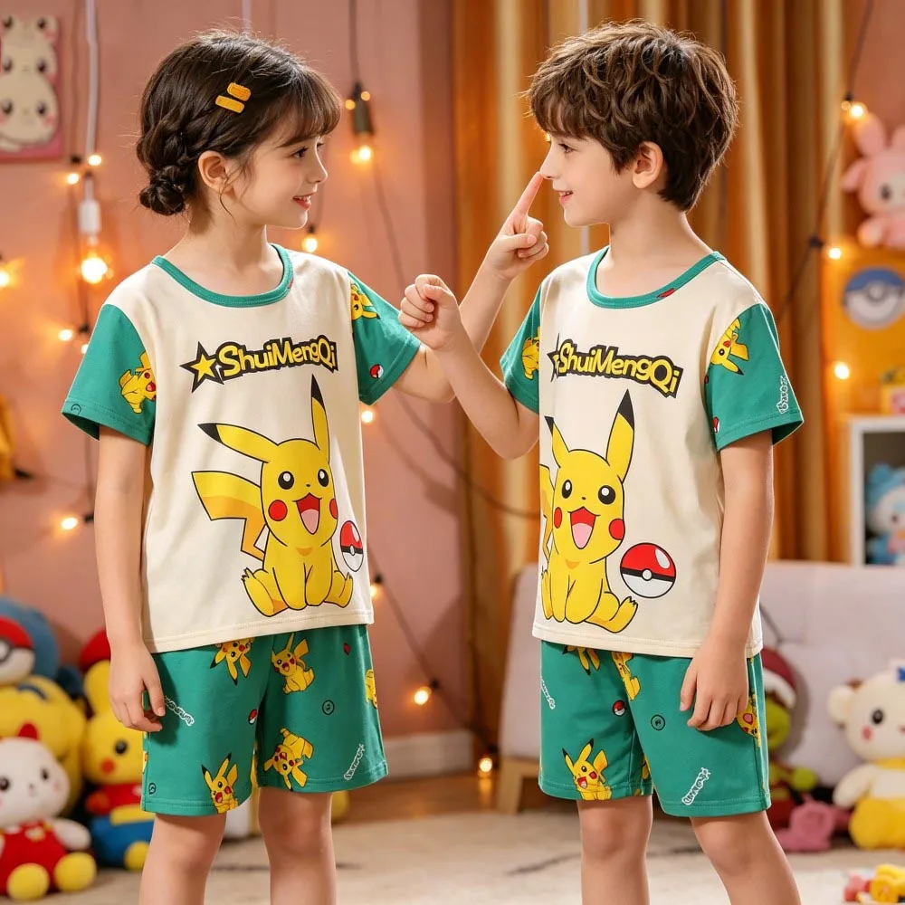 Animal Cartoon Boys Summer Pikachu Pajamas Sets Kids Summer Tops + Shorts Cartoon Sleepwear Pyjamas Toddler Kids Clothes Suits