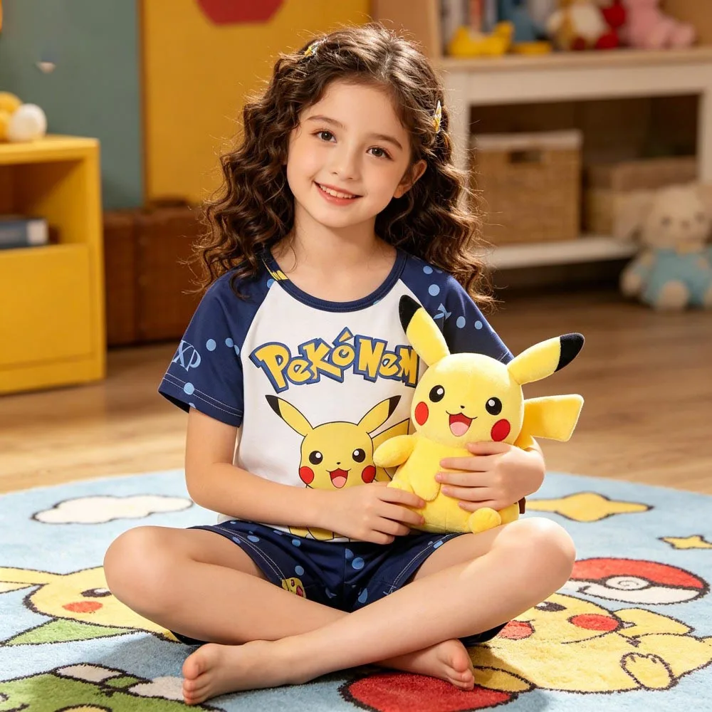 Animal Cartoon Boys Summer Pikachu Pajamas Sets Kids Summer Tops + Shorts Cartoon Sleepwear Pyjamas Toddler Kids Clothes Suits