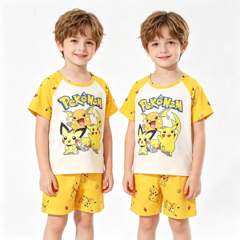 Animal Cartoon Boys Summer Pikachu Pajamas Sets Kids Summer Tops + Shorts Cartoon Sleepwear Pyjamas Toddler Kids Clothes Suits