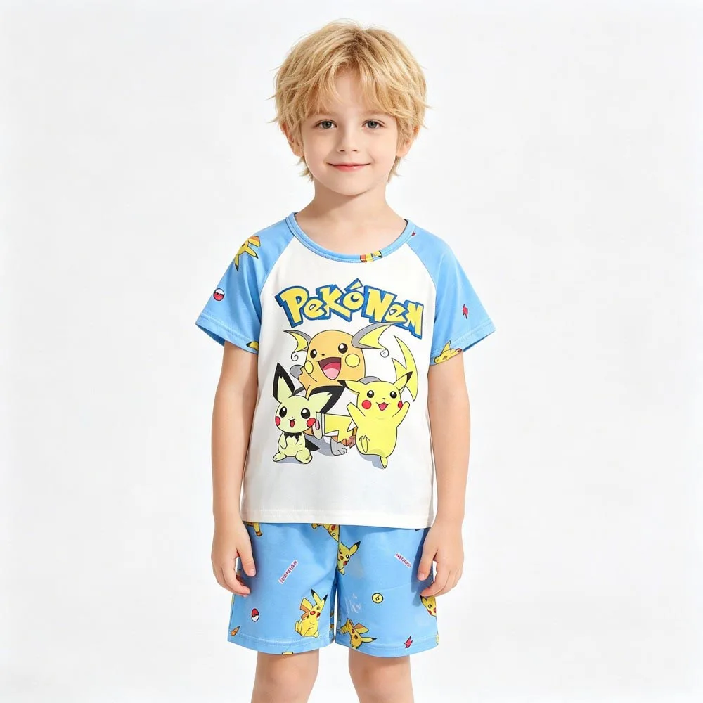 Animal Cartoon Boys Summer Pikachu Pajamas Sets Kids Summer Tops + Shorts Cartoon Sleepwear Pyjamas Toddler Kids Clothes Suits