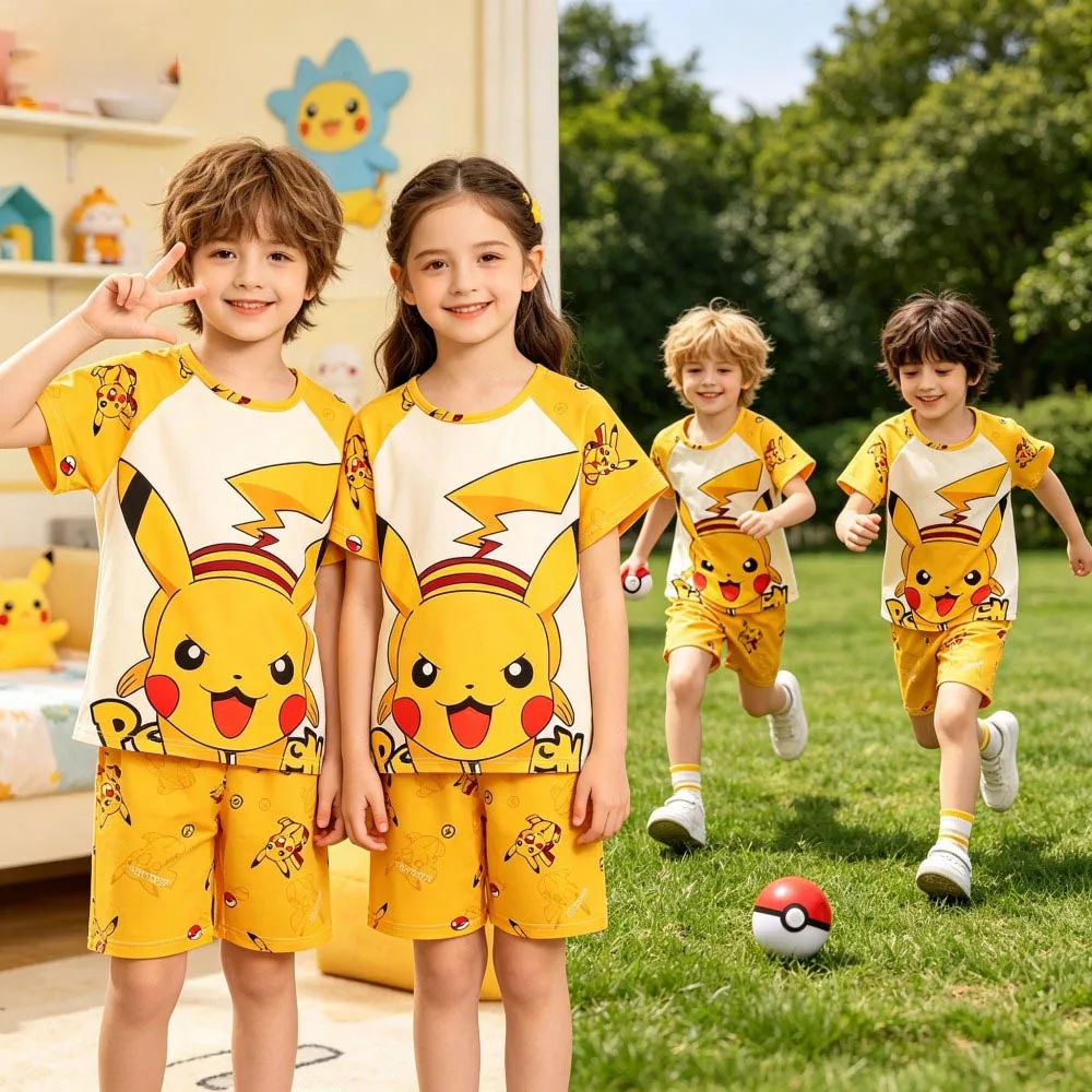 Animal Cartoon Boys Summer Pikachu Pajamas Sets Kids Summer Tops + Shorts Cartoon Sleepwear Pyjamas Toddler Kids Clothes Suits