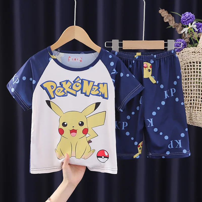 Animal Cartoon Boys Summer Pikachu Pajamas Sets Kids Summer Tops + Shorts Cartoon Sleepwear Pyjamas Toddler Kids Clothes Suits