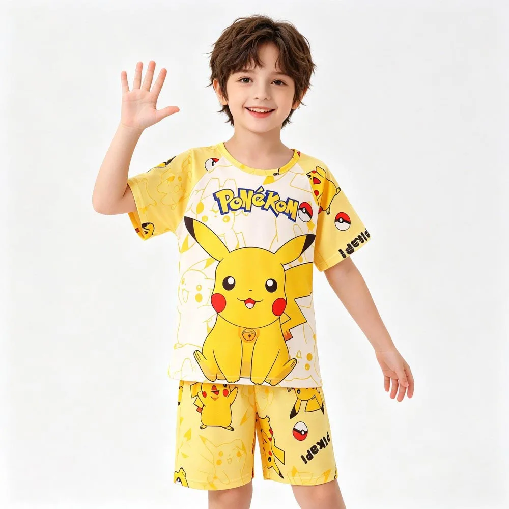 Animal Cartoon Boys Summer Pikachu Pajamas Sets Kids Summer Tops + Shorts Cartoon Sleepwear Pyjamas Toddler Kids Clothes Suits