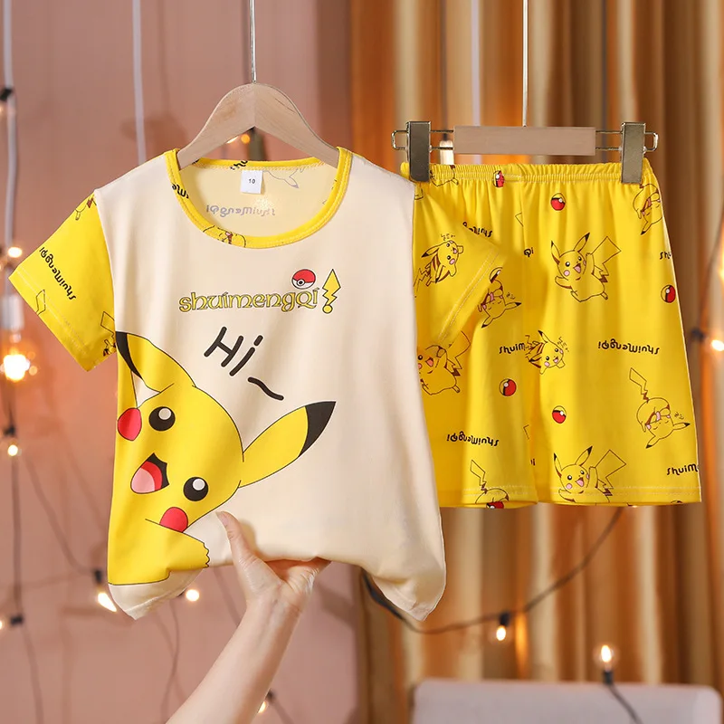 Animal Cartoon Boys Summer Pikachu Pajamas Sets Kids Summer Tops + Shorts Cartoon Sleepwear Pyjamas Toddler Kids Clothes Suits