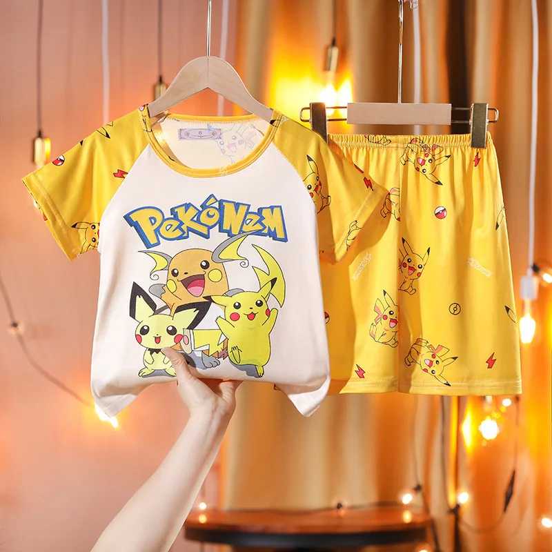 Animal Cartoon Boys Summer Pikachu Pajamas Sets Kids Summer Tops + Shorts Cartoon Sleepwear Pyjamas Toddler Kids Clothes Suits