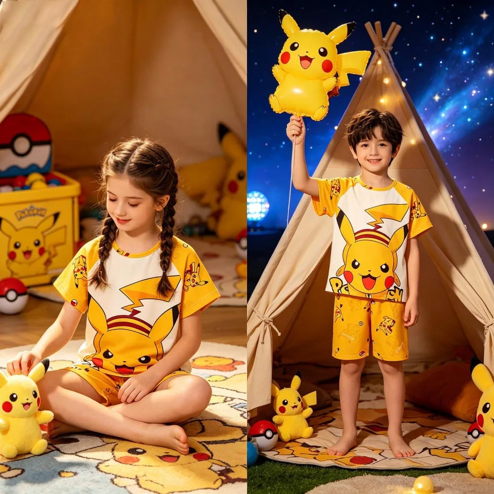 Animal Cartoon Boys Summer Pikachu Pajamas Sets Kids Summer Tops + Shorts Cartoon Sleepwear Pyjamas Toddler Kids Clothes Suits