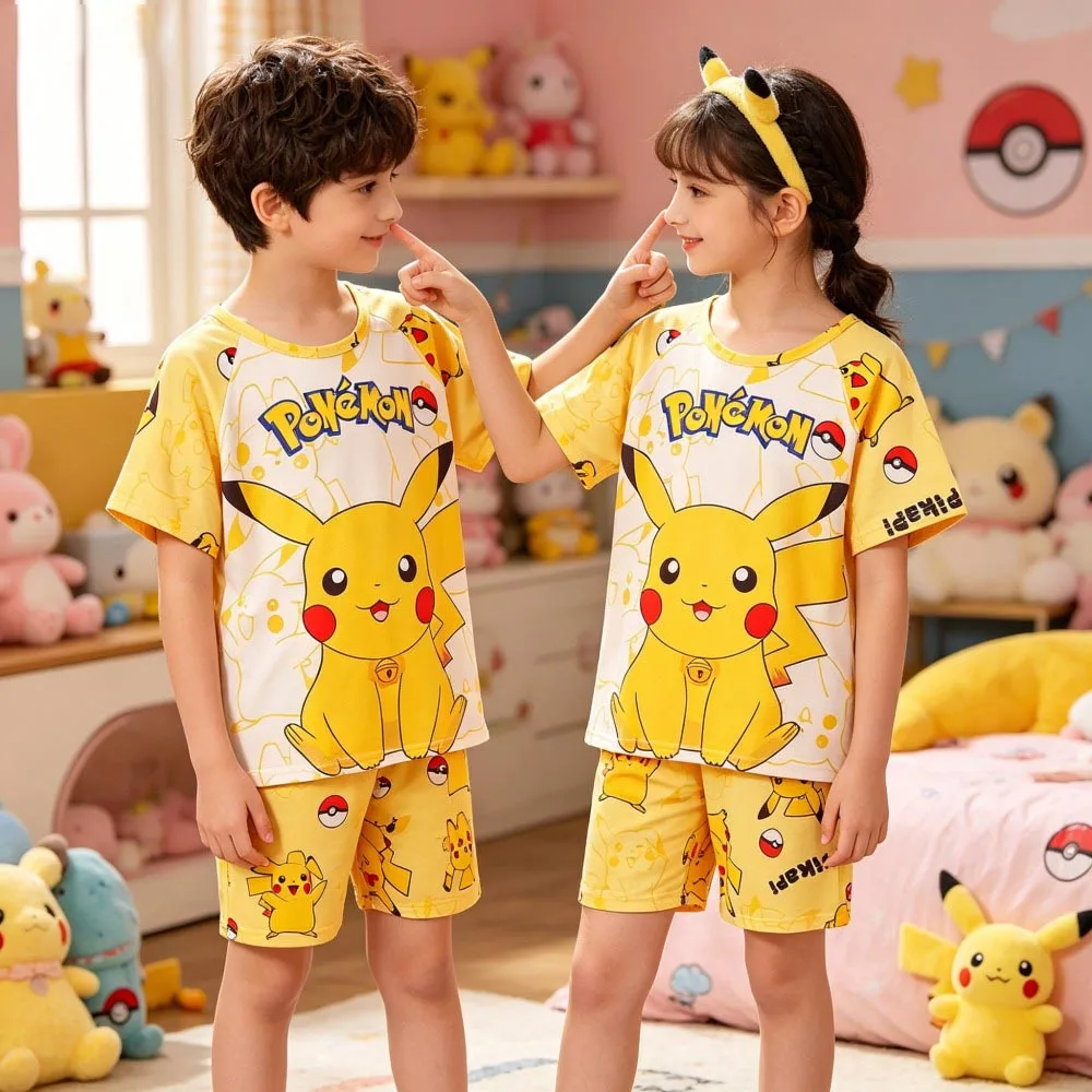 Animal Cartoon Boys Summer Pikachu Pajamas Sets Kids Summer Tops + Shorts Cartoon Sleepwear Pyjamas Toddler Kids Clothes Suits