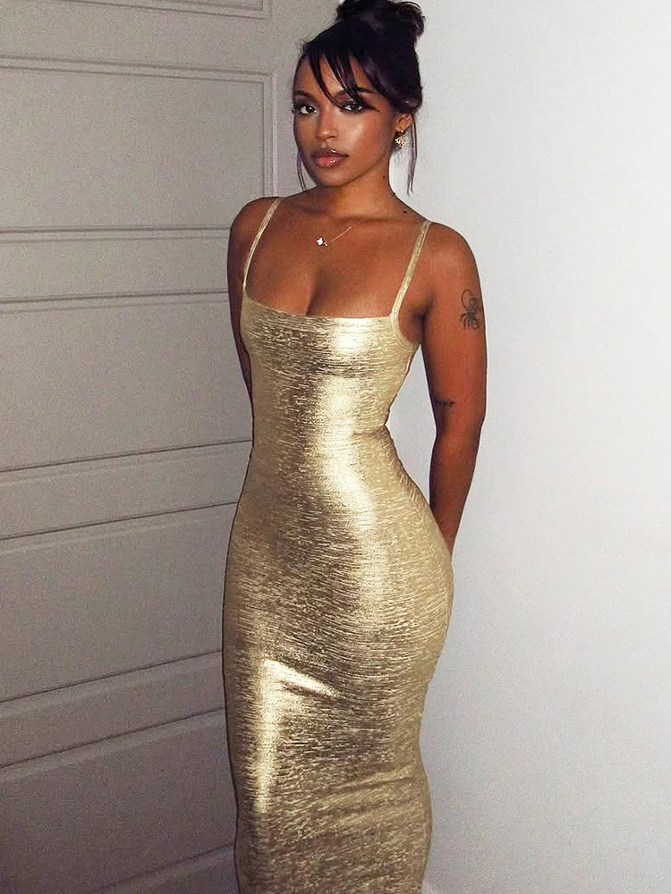 Kliou Sexy Gold Sling Dress Woman Low-Neck Backless Sleeveless High Waist Robe Midnight Club Party Elegant Hipster Long Bodycon