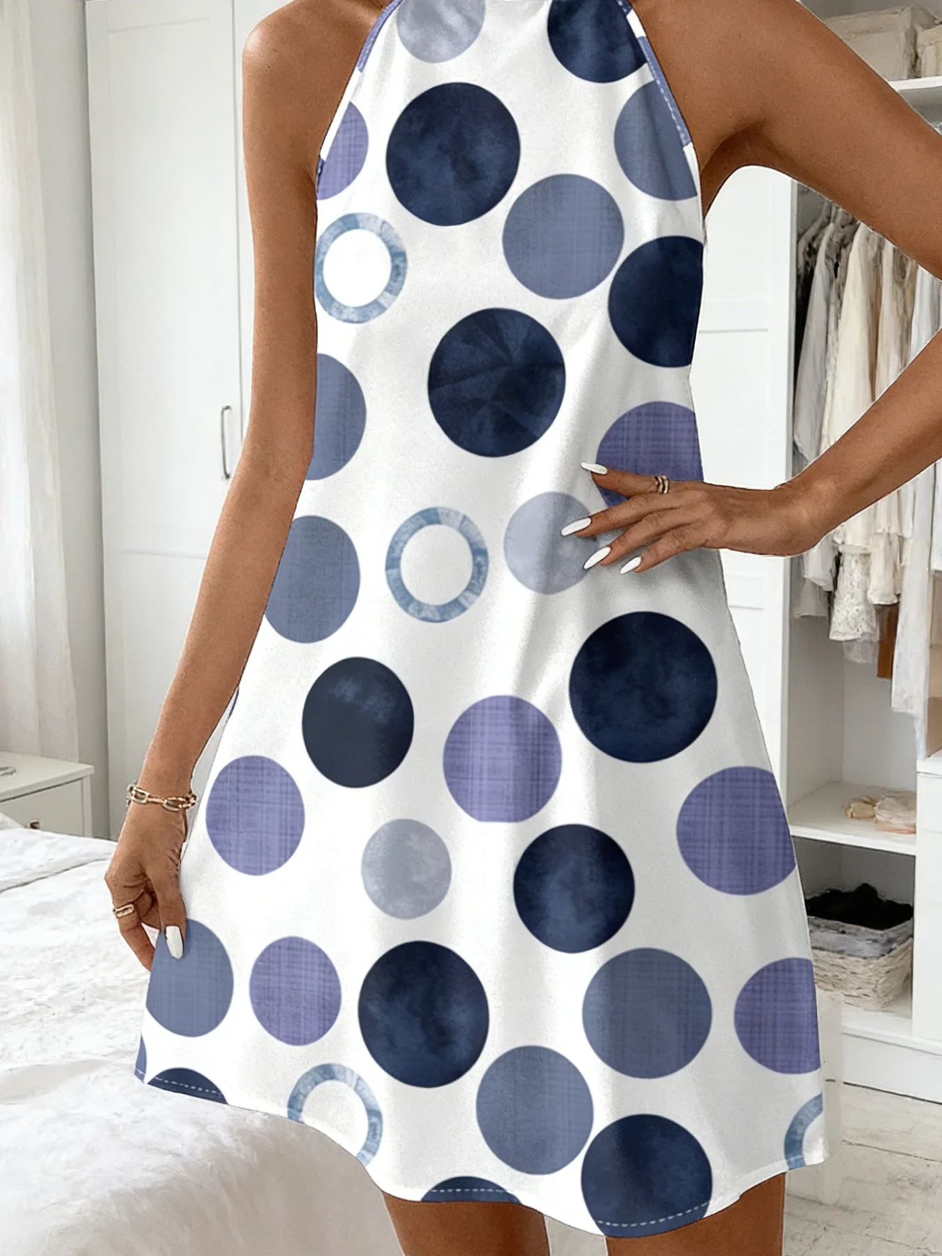 Women Sleeveless Halter Dress Back Bow Tie Polka Dot Print Loose Fit Mini Dress Summer Beach Casual Short Dresses