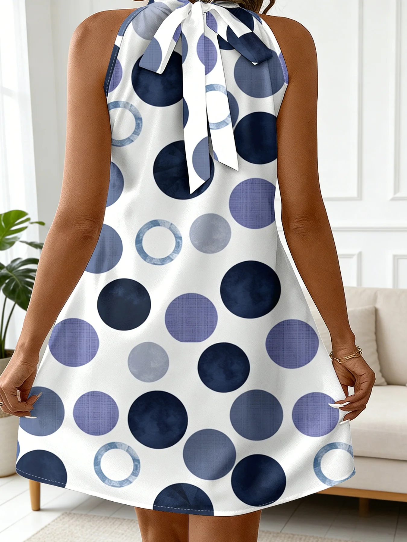 Women Sleeveless Halter Dress Back Bow Tie Polka Dot Print Loose Fit Mini Dress Summer Beach Casual Short Dresses