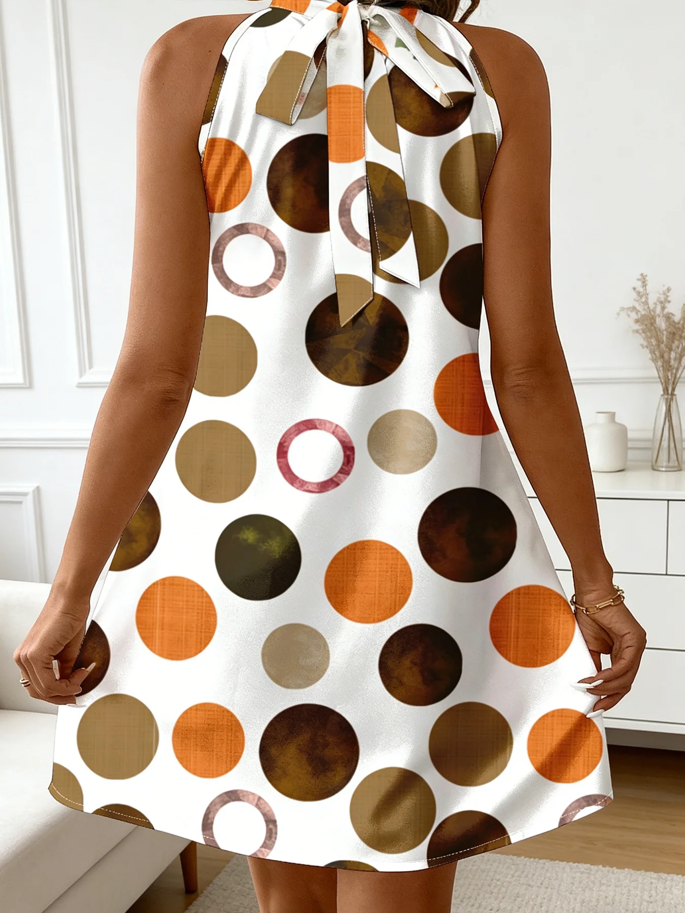 Women Sleeveless Halter Dress Back Bow Tie Polka Dot Print Loose Fit Mini Dress Summer Beach Casual Short Dresses
