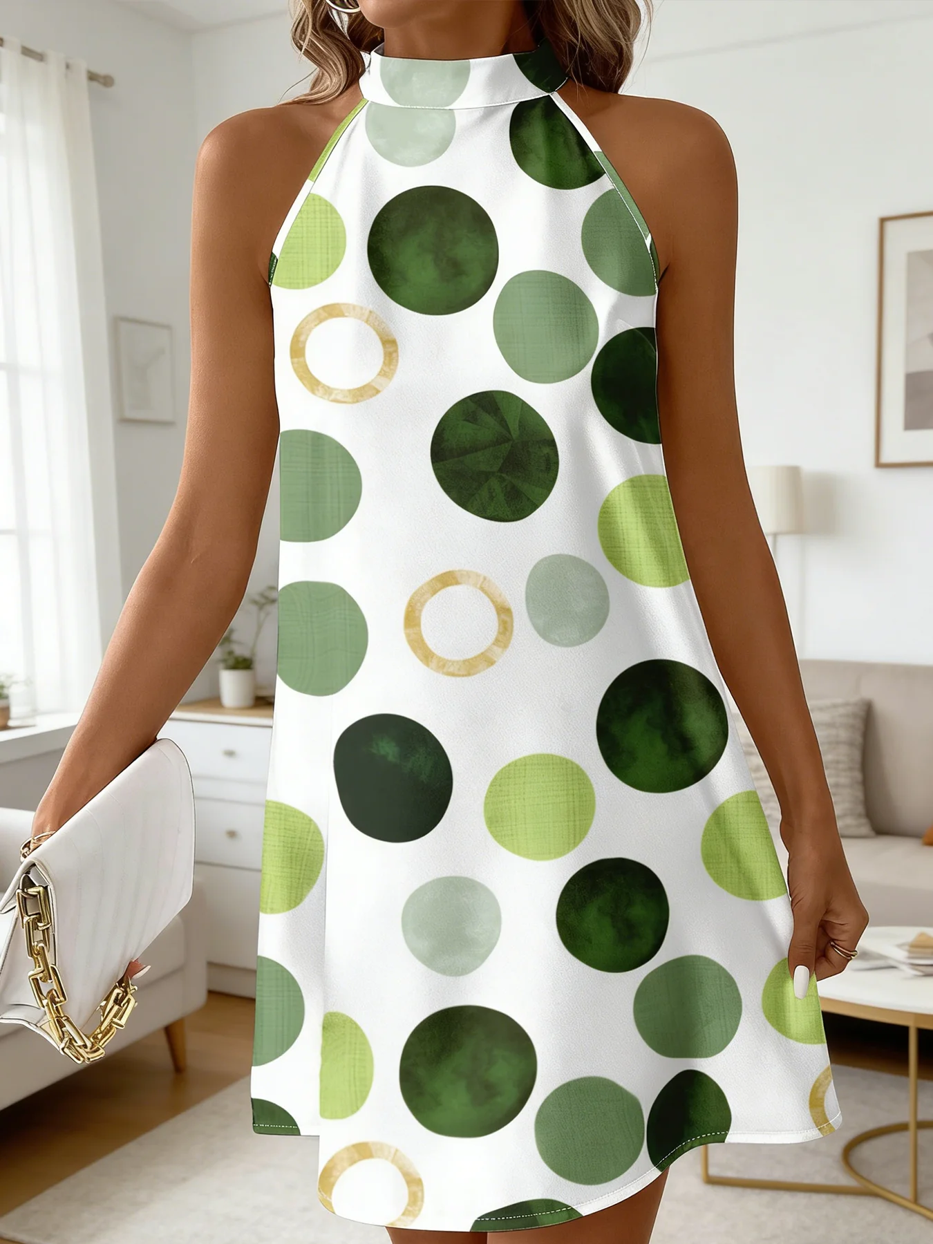 Women Sleeveless Halter Dress Back Bow Tie Polka Dot Print Loose Fit Mini Dress Summer Beach Casual Short Dresses