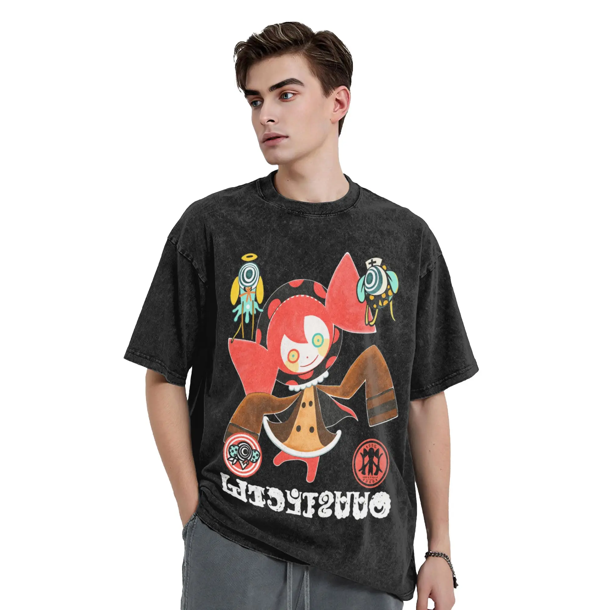 Mahou Shoujo Magi Madoka Magica Men's T Shirts Washed Novelty Tees Short Sleeve Round Collar T-Shirts Cotton Unique Clothing