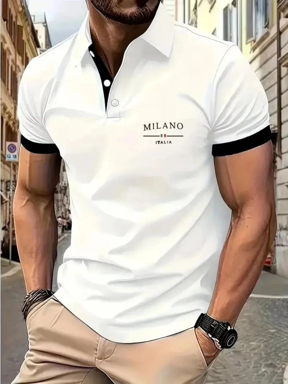 American Men's Summer Minimalist Letter Italian Print Comfortable Breathable Polo Short-Sleeved T-Shirt Outdoor Casual Top