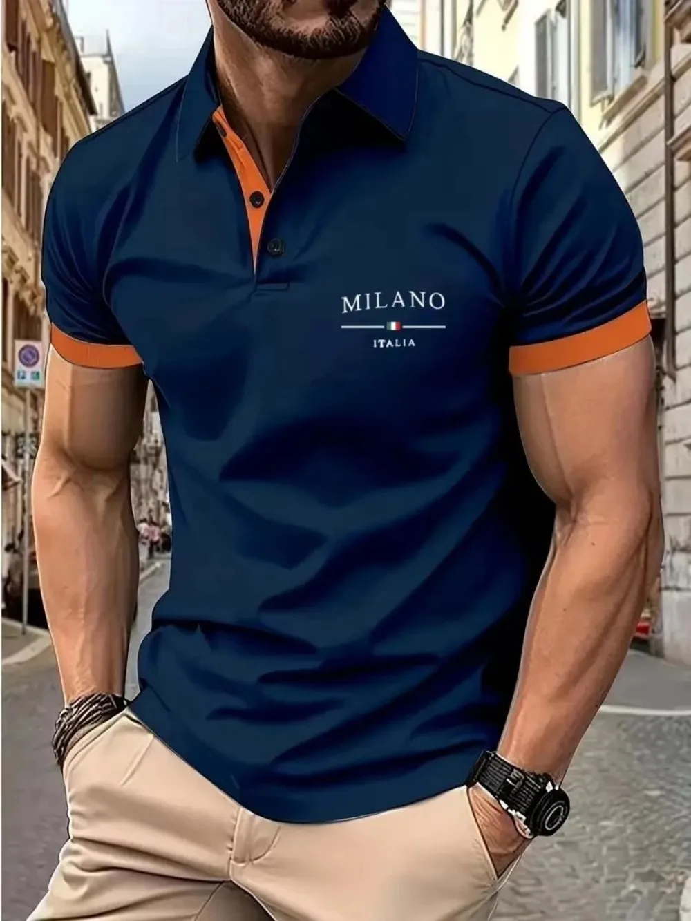 American Men's Summer Minimalist Letter Italian Print Comfortable Breathable Polo Short-Sleeved T-Shirt Outdoor Casual Top