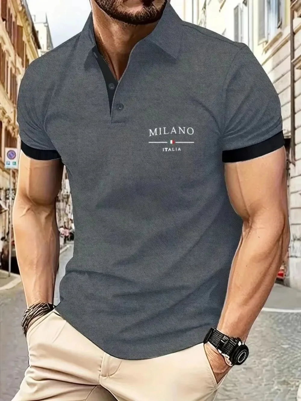 American Men's Summer Minimalist Letter Italian Print Comfortable Breathable Polo Short-Sleeved T-Shirt Outdoor Casual Top