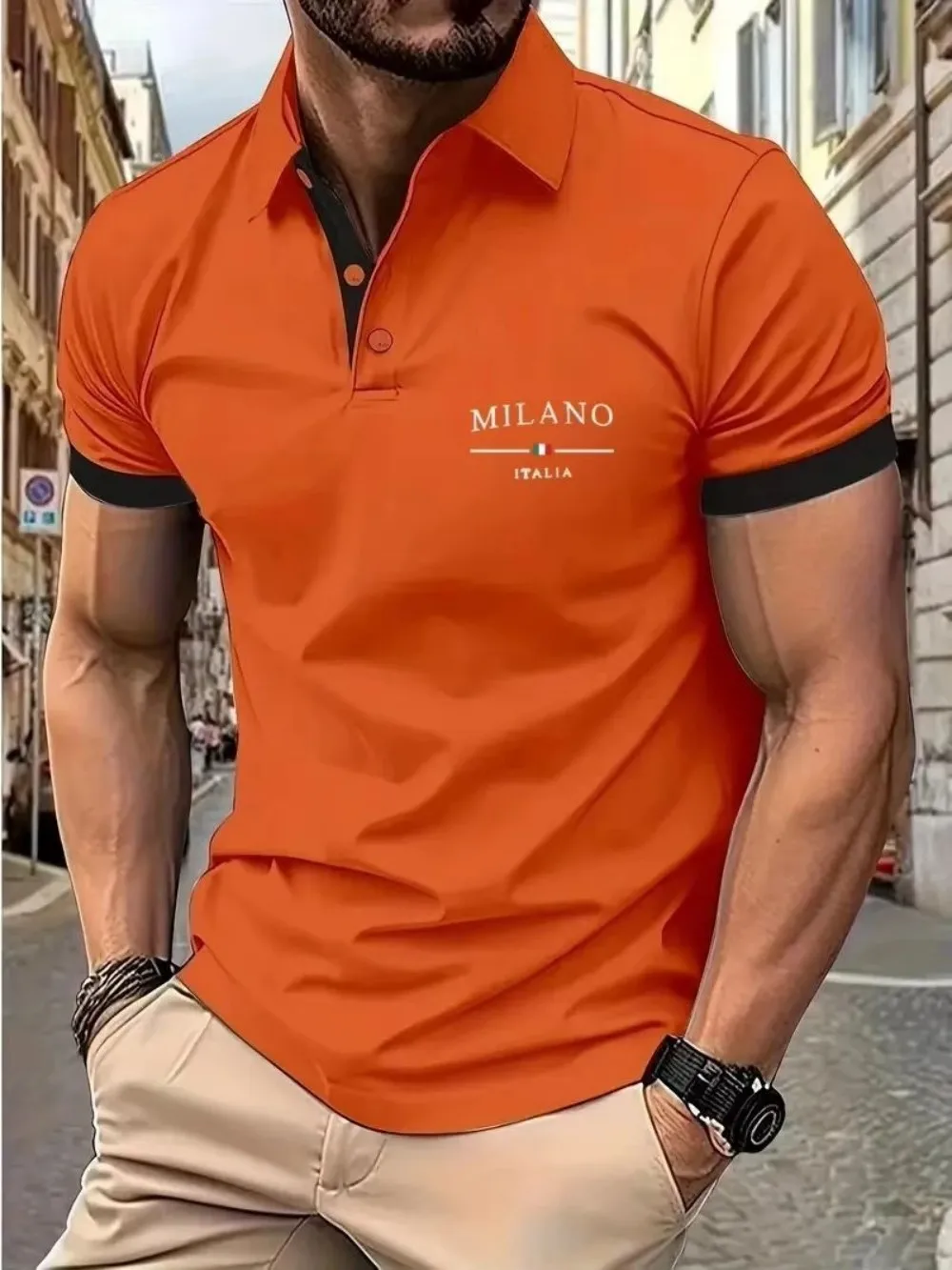 American Men's Summer Minimalist Letter Italian Print Comfortable Breathable Polo Short-Sleeved T-Shirt Outdoor Casual Top