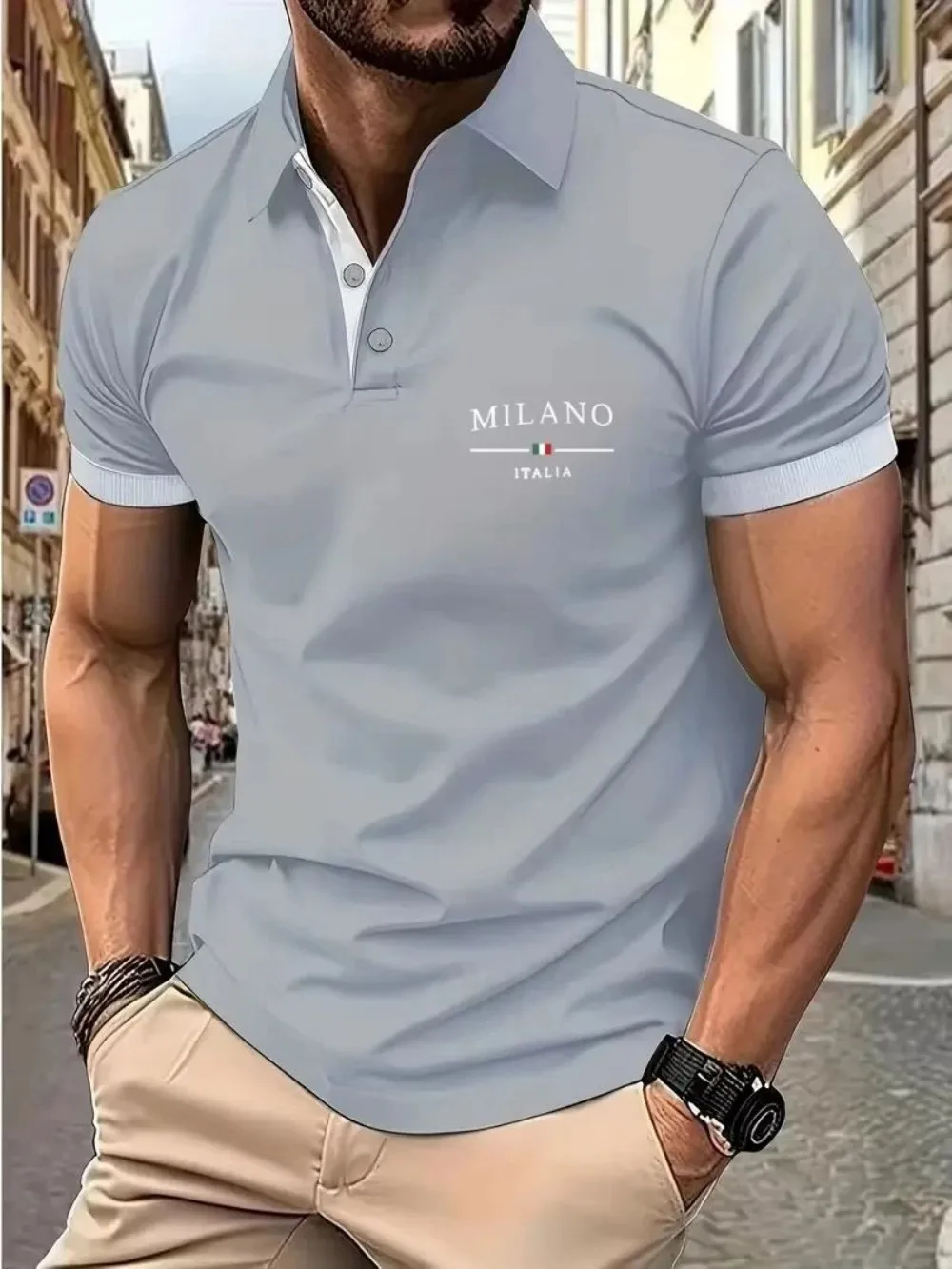 American Men's Summer Minimalist Letter Italian Print Comfortable Breathable Polo Short-Sleeved T-Shirt Outdoor Casual Top