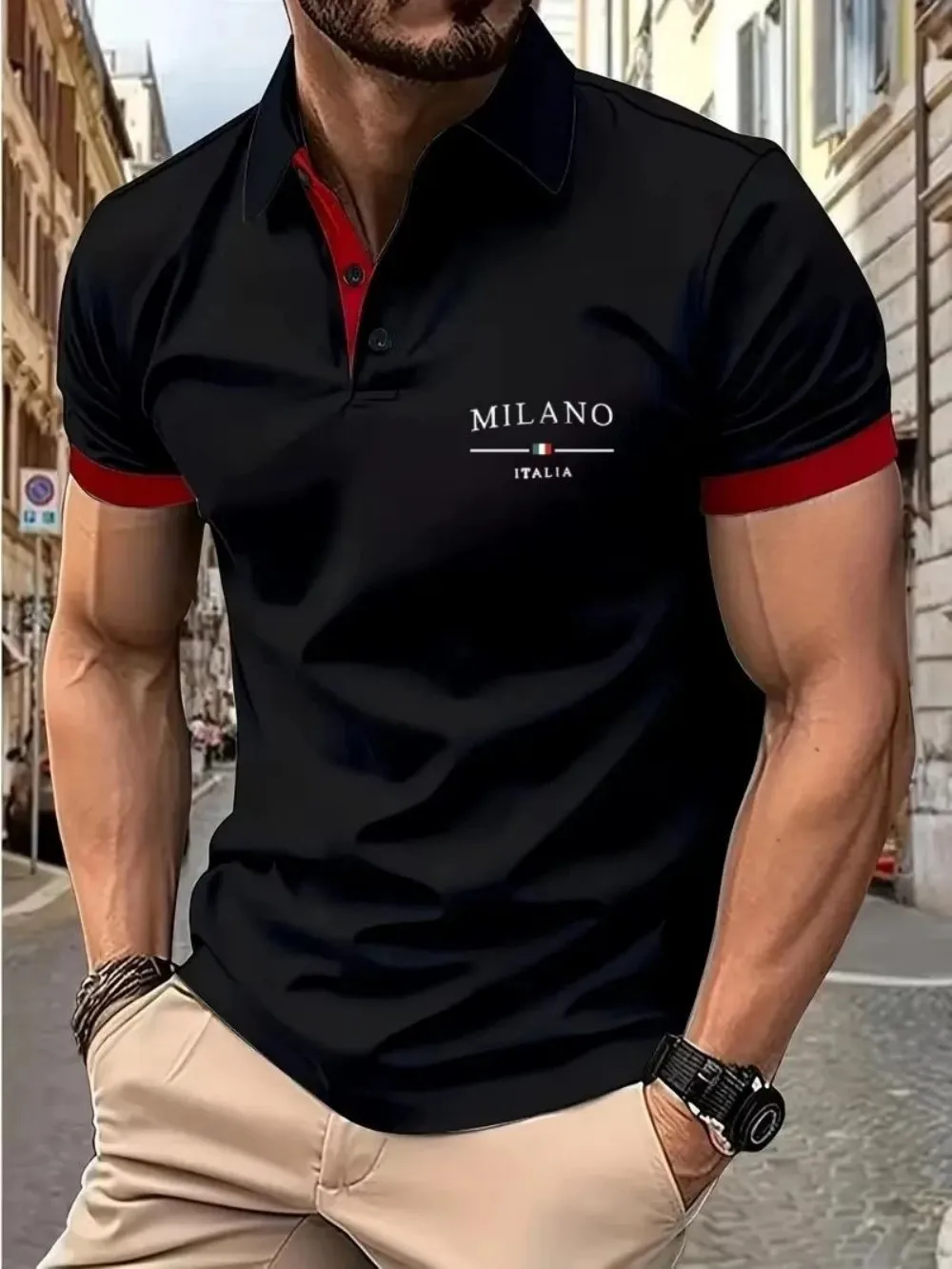 American Men's Summer Minimalist Letter Italian Print Comfortable Breathable Polo Short-Sleeved T-Shirt Outdoor Casual Top
