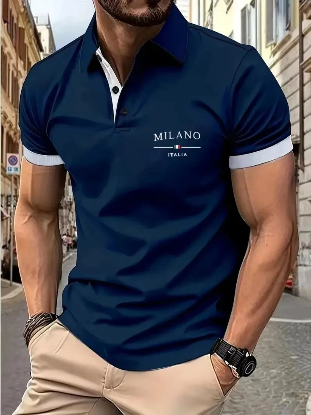 American Men's Summer Minimalist Letter Italian Print Comfortable Breathable Polo Short-Sleeved T-Shirt Outdoor Casual Top