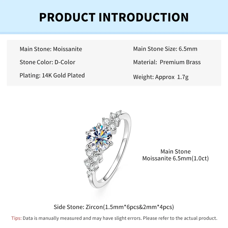 Rrjzz 6.5mm 1CT Round D-Color Moissanite Wedding Ring for Women GRA Certified Six-Prong Starburst Engagement Ring Jewelry Gift
