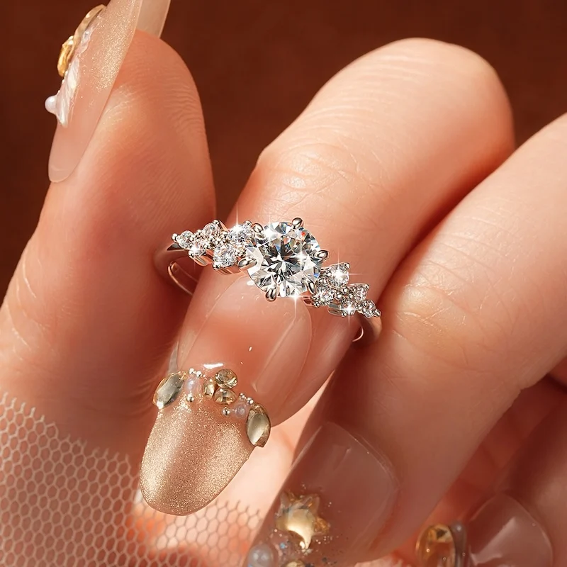 Rrjzz 6.5mm 1CT Round D-Color Moissanite Wedding Ring for Women GRA Certified Six-Prong Starburst Engagement Ring Jewelry Gift