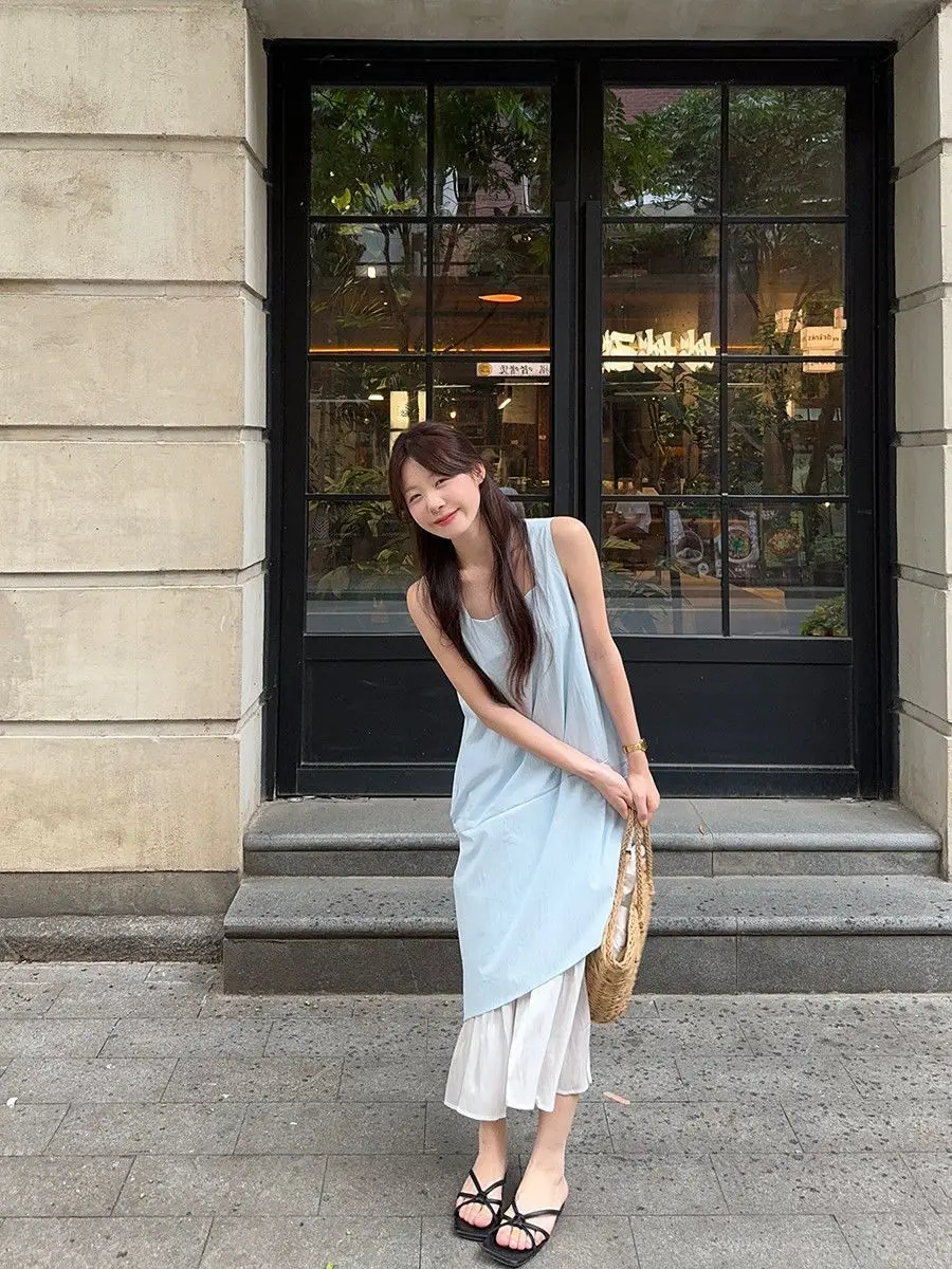 Women's Sleeveless White Midi Dress Loose Layered Ruffle Hem Casual Summer Beach Flowy Dress