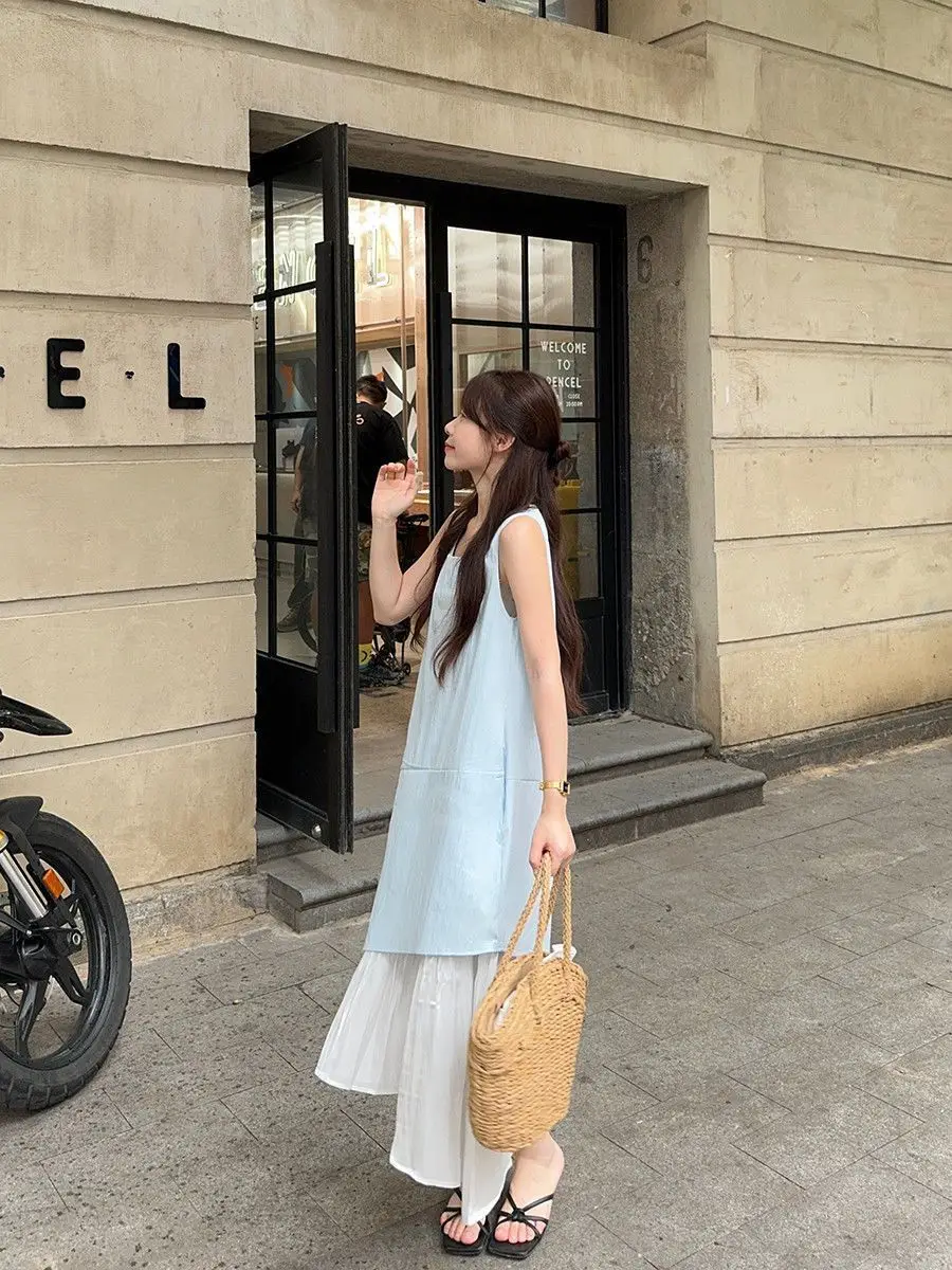 Women's Sleeveless White Midi Dress Loose Layered Ruffle Hem Casual Summer Beach Flowy Dress