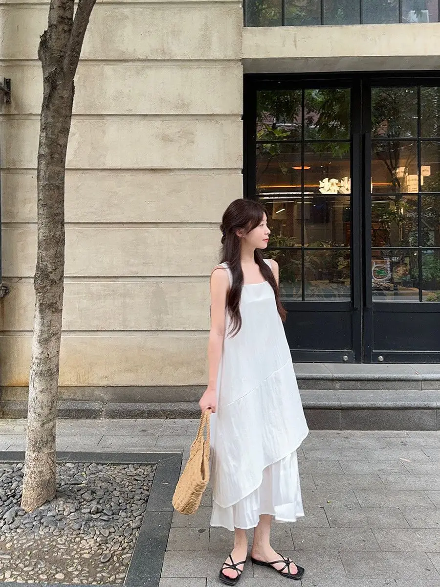 Women's Sleeveless White Midi Dress Loose Layered Ruffle Hem Casual Summer Beach Flowy Dress