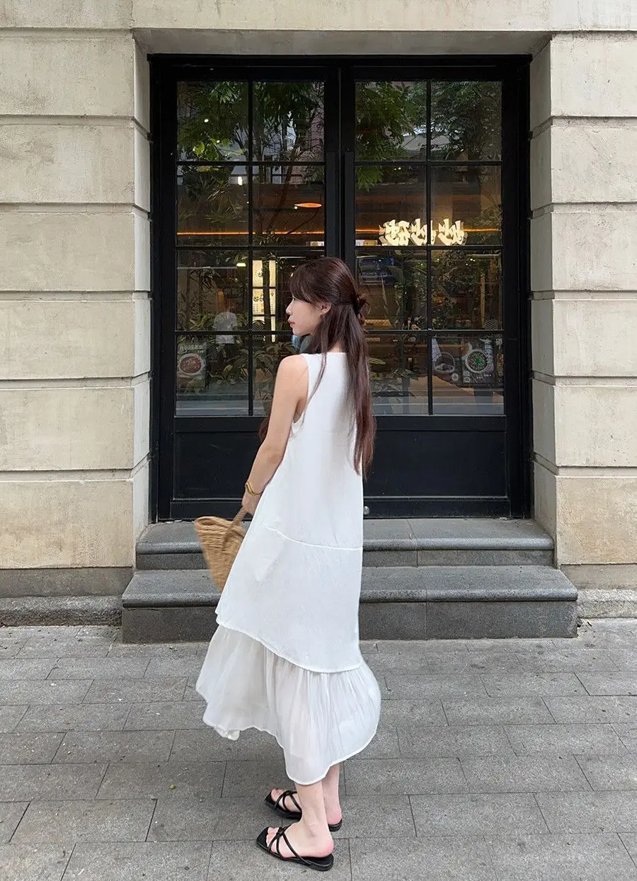 Women's Sleeveless White Midi Dress Loose Layered Ruffle Hem Casual Summer Beach Flowy Dress