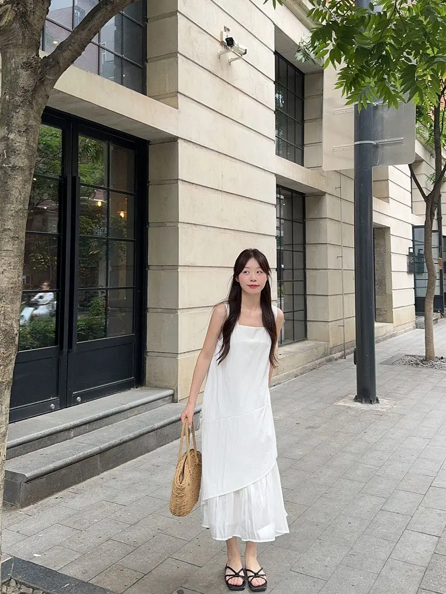 Women's Sleeveless White Midi Dress Loose Layered Ruffle Hem Casual Summer Beach Flowy Dress