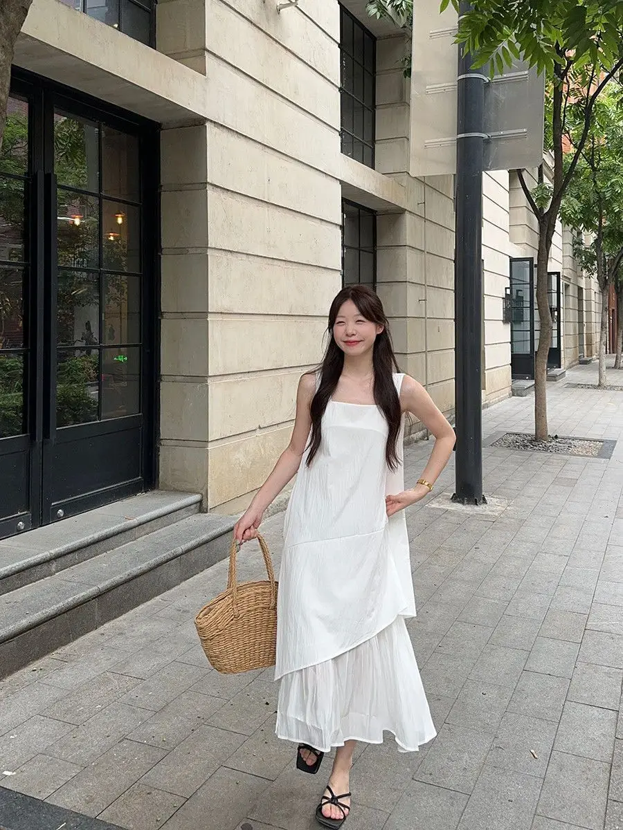 Women's Sleeveless White Midi Dress Loose Layered Ruffle Hem Casual Summer Beach Flowy Dress
