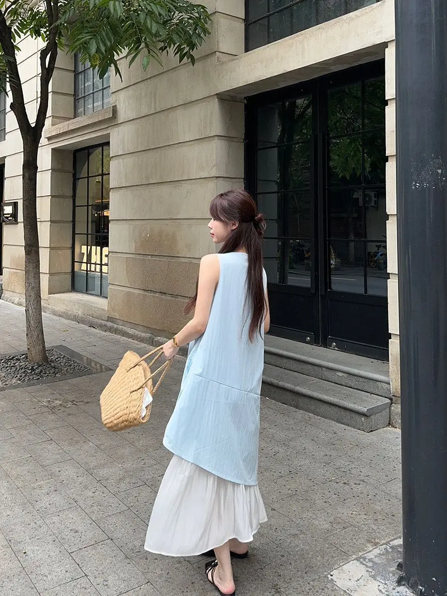 Women's Sleeveless White Midi Dress Loose Layered Ruffle Hem Casual Summer Beach Flowy Dress
