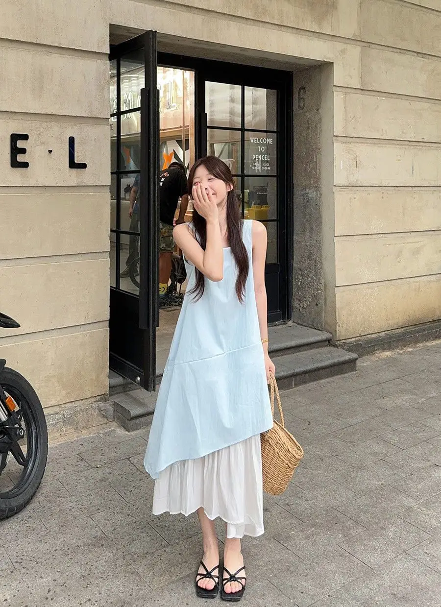 Women's Sleeveless White Midi Dress Loose Layered Ruffle Hem Casual Summer Beach Flowy Dress