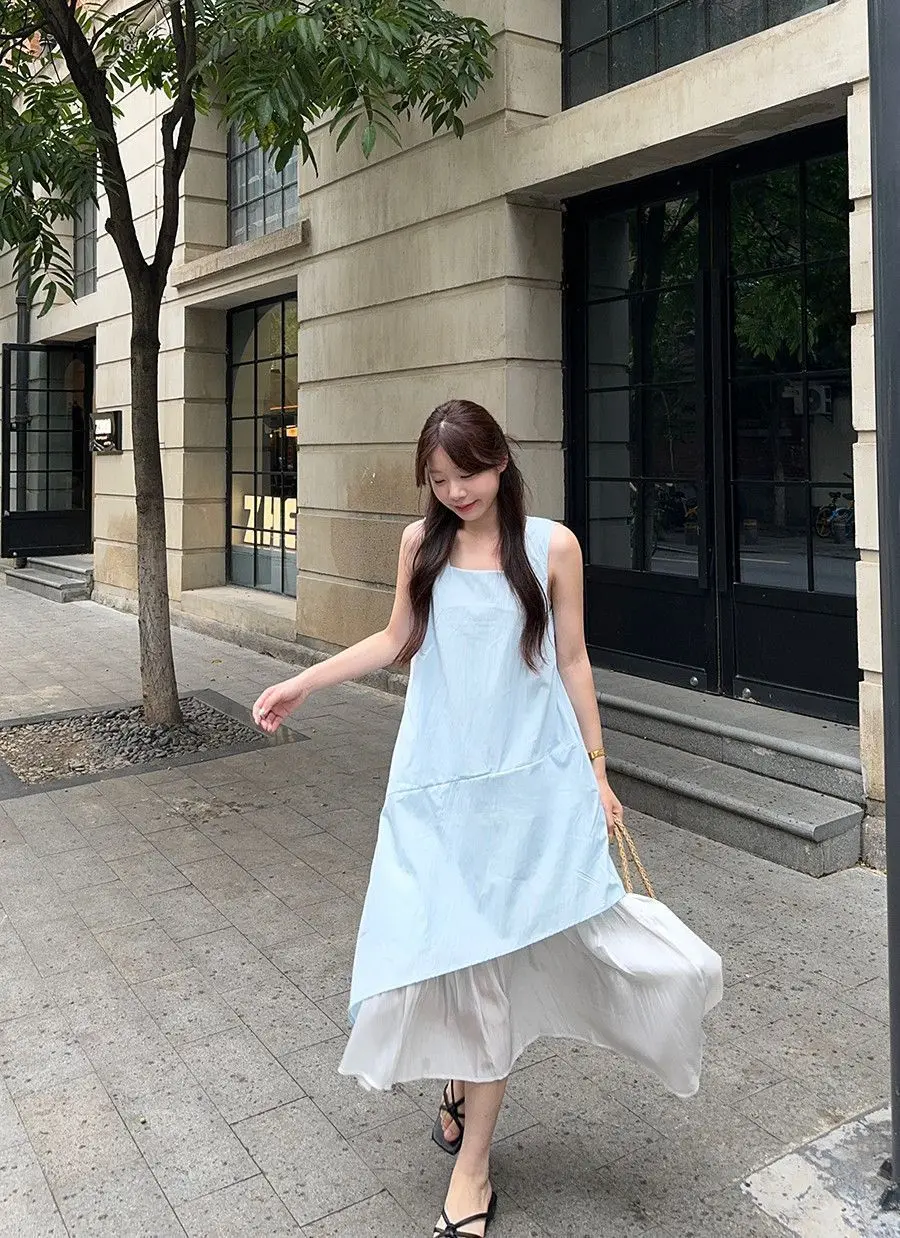 Women's Sleeveless White Midi Dress Loose Layered Ruffle Hem Casual Summer Beach Flowy Dress