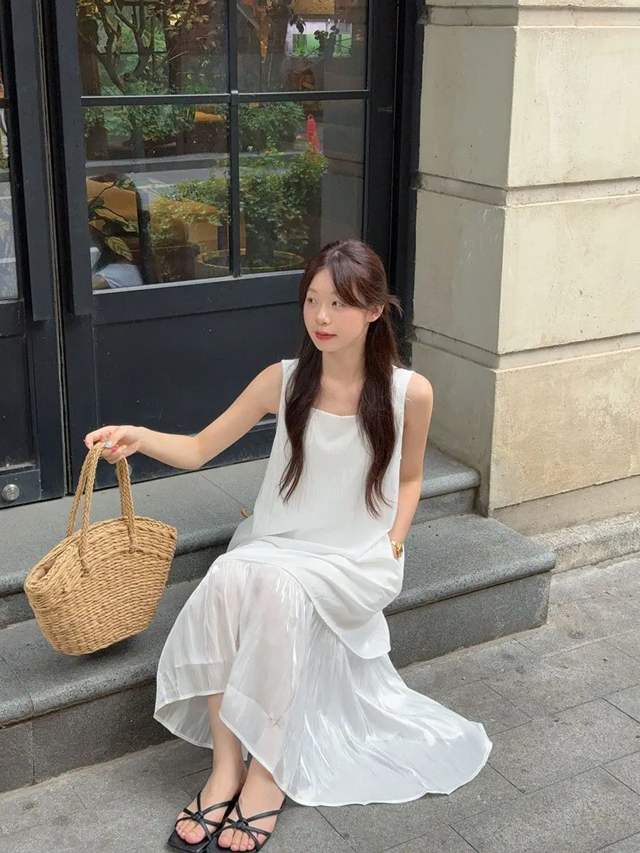 Women's Sleeveless White Midi Dress Loose Layered Ruffle Hem Casual Summer Beach Flowy Dress