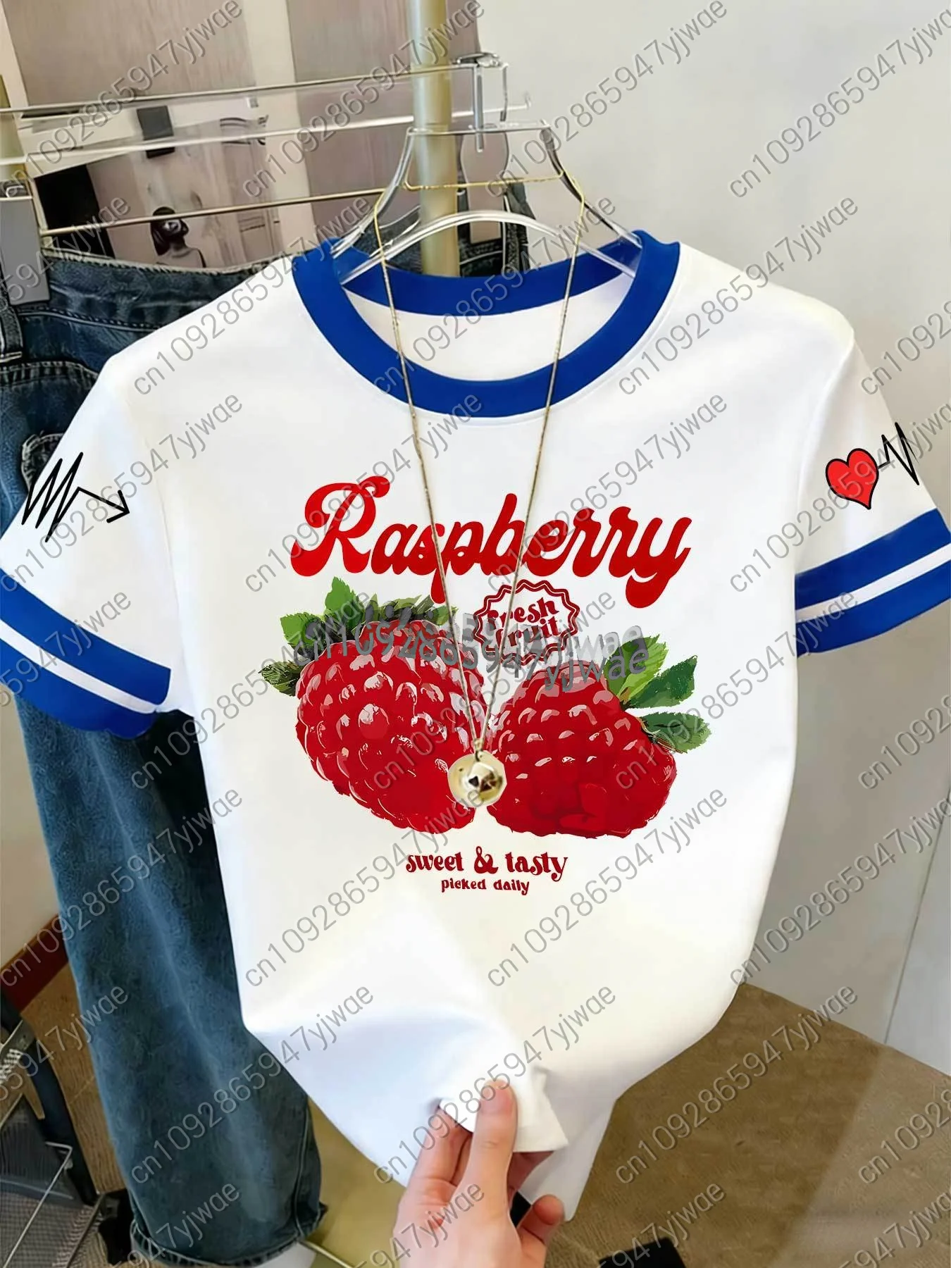2026 Womens Short Sleeve Color-Block Fresh Raspberry Print Y2k T Shirt Girl Round Neck Tee Outdoor Sports Adult Women's T-Shirt