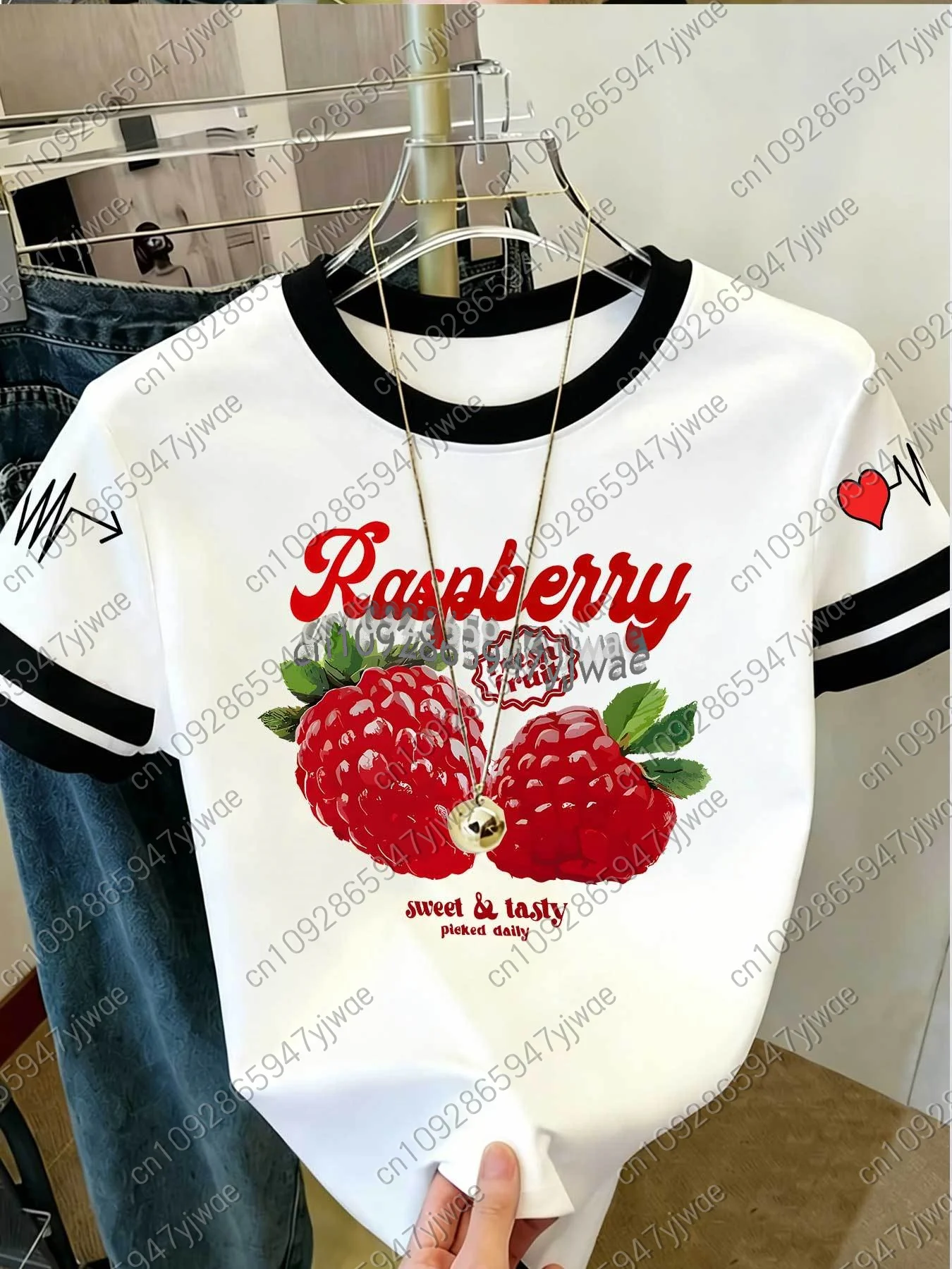 2026 Womens Short Sleeve Color-Block Fresh Raspberry Print Y2k T Shirt Girl Round Neck Tee Outdoor Sports Adult Women's T-Shirt