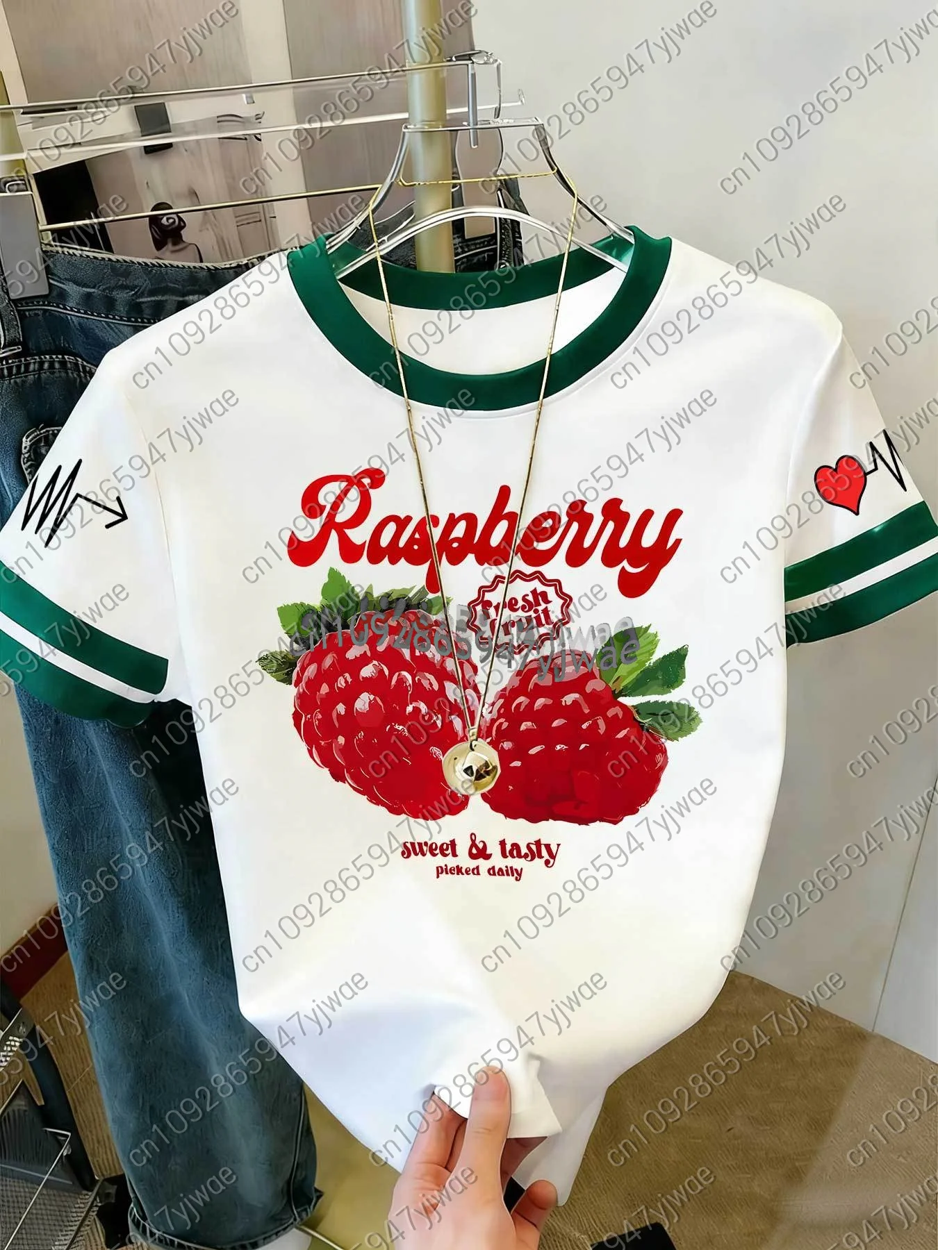 2026 Womens Short Sleeve Color-Block Fresh Raspberry Print Y2k T Shirt Girl Round Neck Tee Outdoor Sports Adult Women's T-Shirt