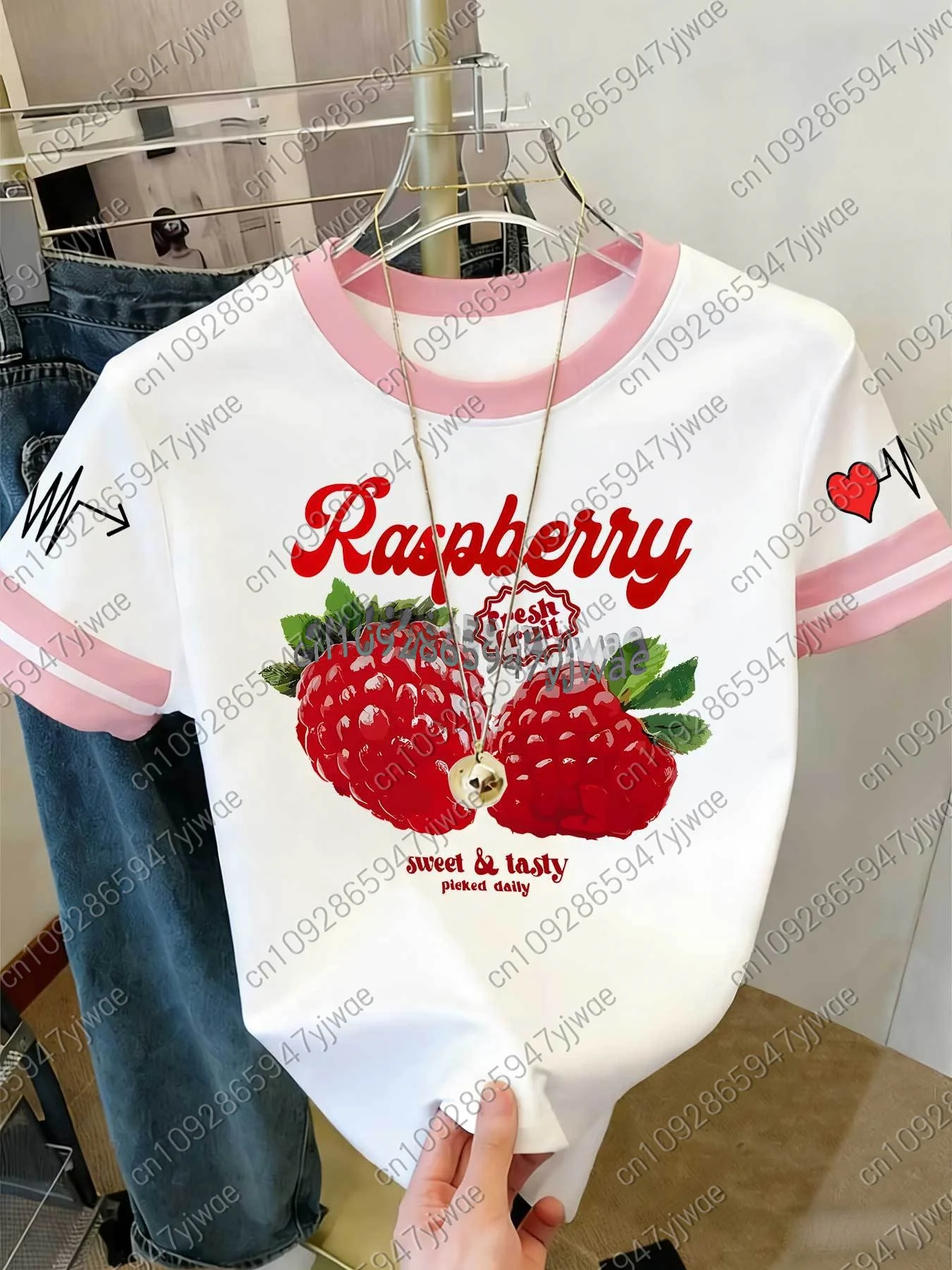 2026 Womens Short Sleeve Color-Block Fresh Raspberry Print Y2k T Shirt Girl Round Neck Tee Outdoor Sports Adult Women's T-Shirt