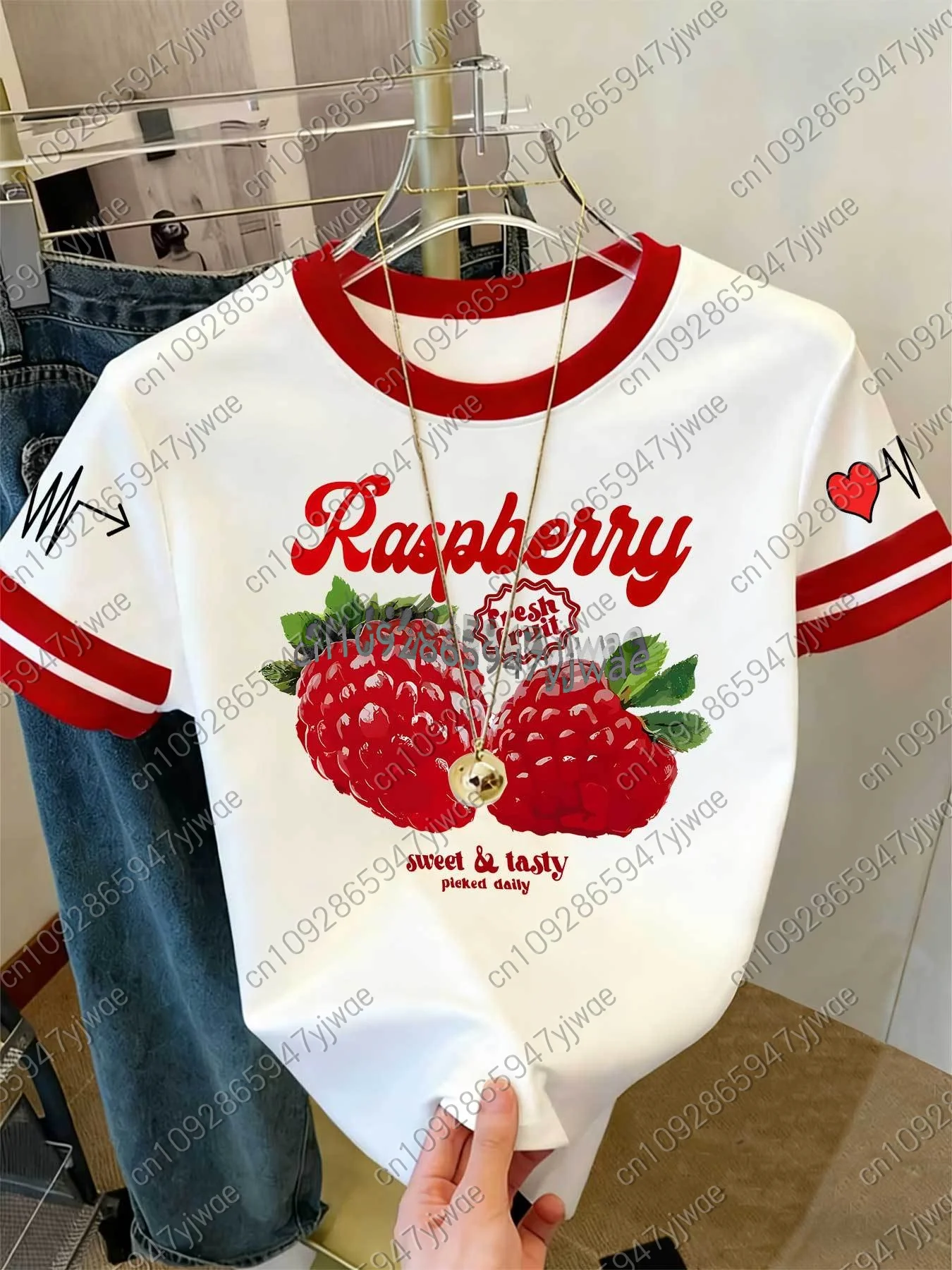 2026 Womens Short Sleeve Color-Block Fresh Raspberry Print Y2k T Shirt Girl Round Neck Tee Outdoor Sports Adult Women's T-Shirt
