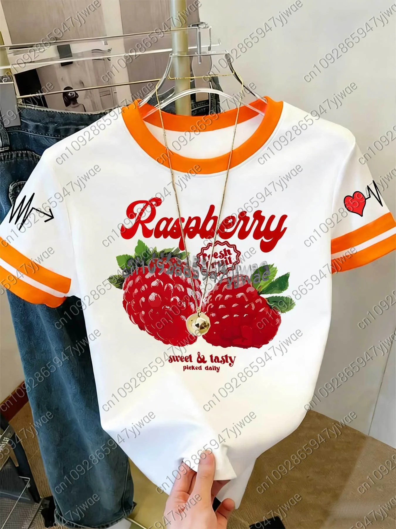 2026 Womens Short Sleeve Color-Block Fresh Raspberry Print Y2k T Shirt Girl Round Neck Tee Outdoor Sports Adult Women's T-Shirt