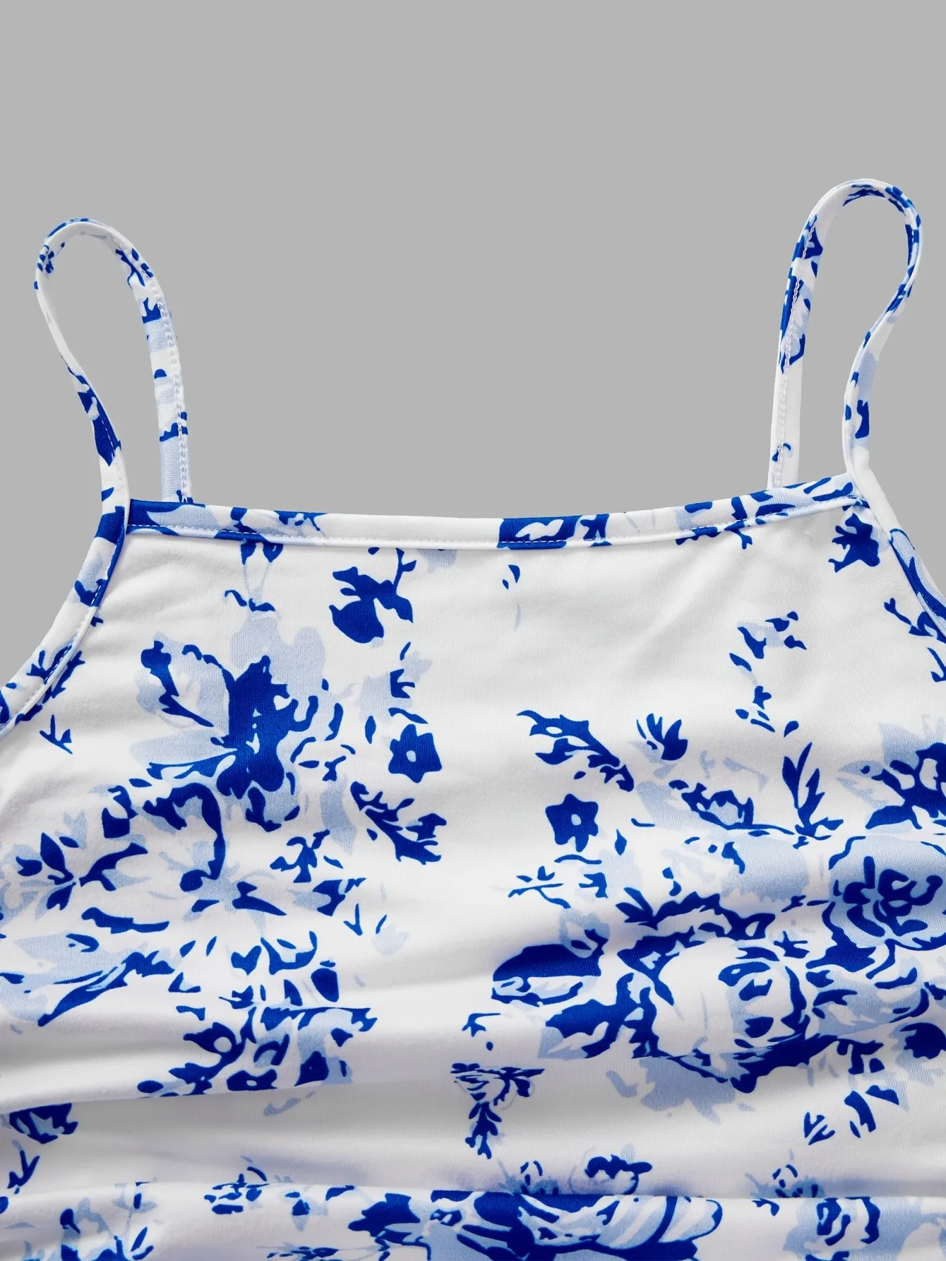 Kids Girls Blue Floral Print Cami Dress Ruched Waist Tiered Ruffle Hem Sundress Summer Beach Vacation Casual Outfit