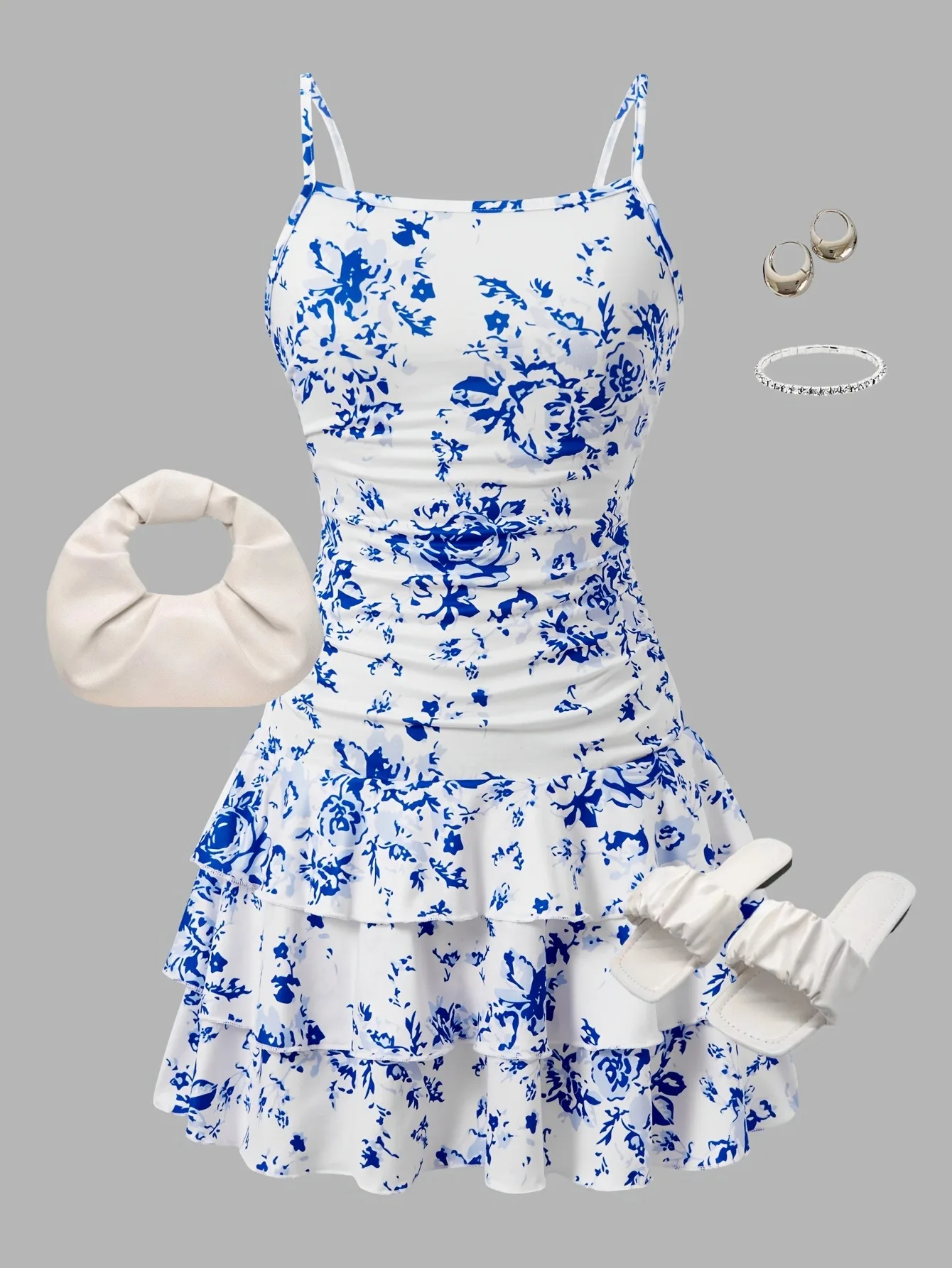 Kids Girls Blue Floral Print Cami Dress Ruched Waist Tiered Ruffle Hem Sundress Summer Beach Vacation Casual Outfit