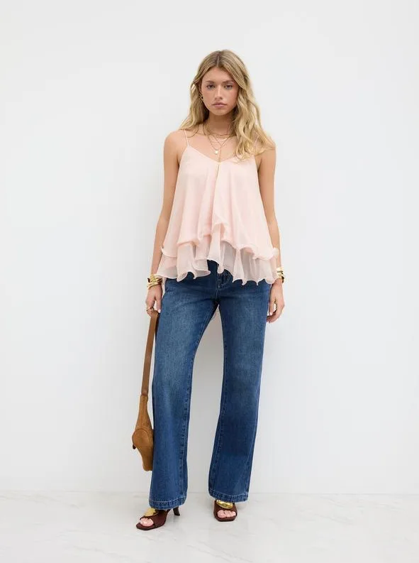 Women Chiffon Camisole Top Spaghetti Strap V Neck Ruffled Flowy Sleeveless Elegant Casual Layered Hem Tank Tops for Daily Party