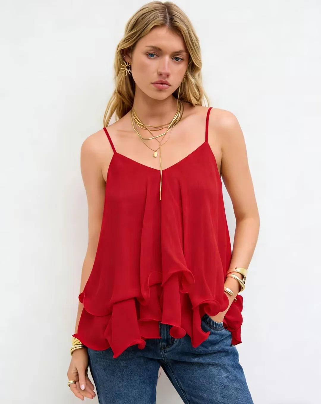 Women Chiffon Camisole Top Spaghetti Strap V Neck Ruffled Flowy Sleeveless Elegant Casual Layered Hem Tank Tops for Daily Party