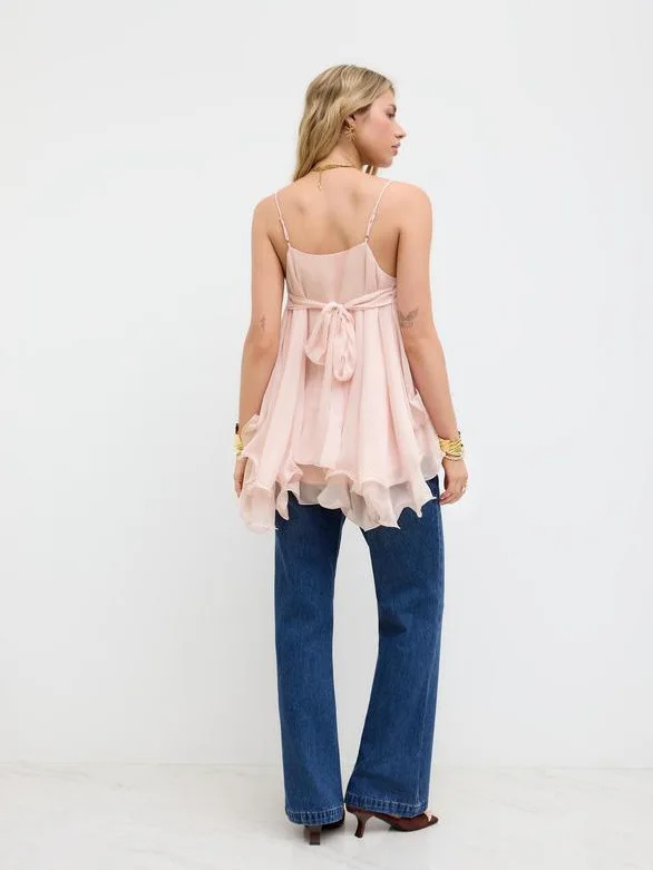 Women Chiffon Camisole Top Spaghetti Strap V Neck Ruffled Flowy Sleeveless Elegant Casual Layered Hem Tank Tops for Daily Party
